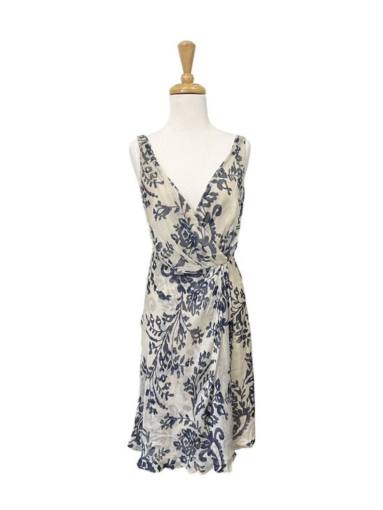 Valentino Dresses & Skirts - Valentino Roma Vintage Silk Faux Wrap Dress Size 4 Beige and Blue